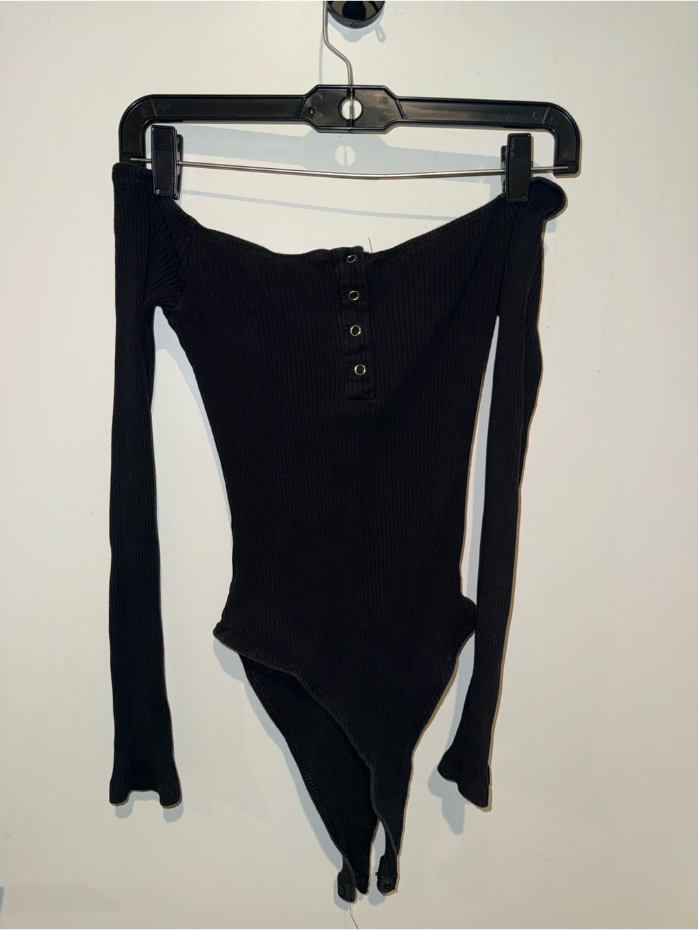 Off-the-Shoulder Ribbed Button-Front Black Bodysuit